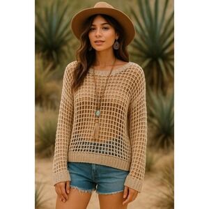 Express Sweater Women Large Beige Crochet Loose Open Knit Mesh Bohemian
